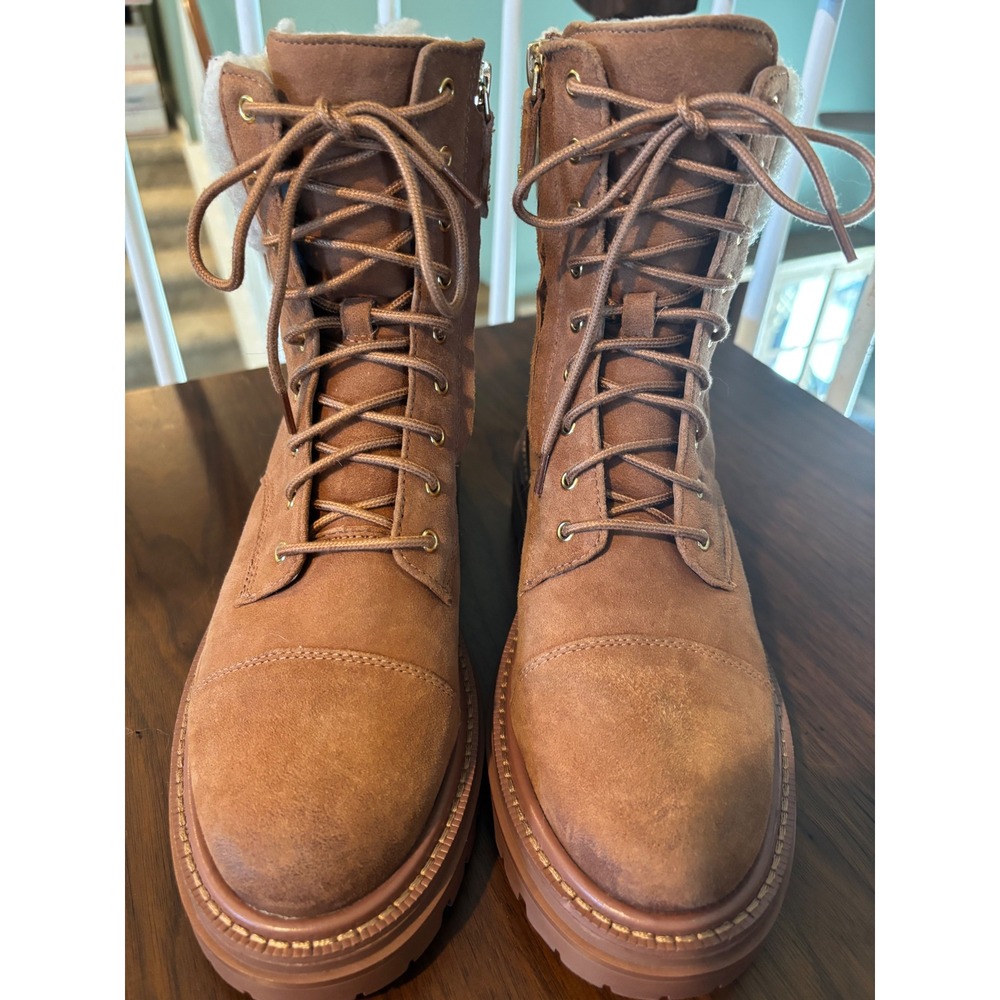 Sam Edelman Aleia Tan Suede Shearling Combat Boots Lug Sole Side Zip 6.5